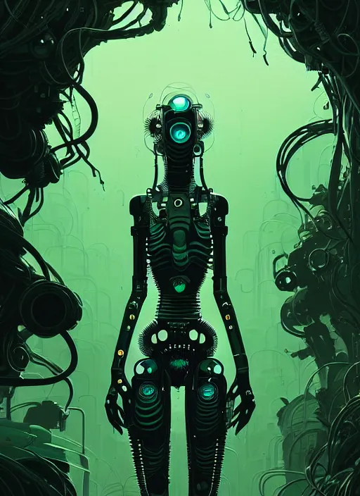 Prompt: highly detailed portrait of a biopunk cyborg long wavy dark hair tribal lady, stray wiring by atey ghailan, james gilleard, by joe fenton, by greg rutkowski, by greg tocchini, by kaethe butcher, 4 k resolution, gradient green, black and white color scheme!!! ( ( forested robotic dense jungle background ) )