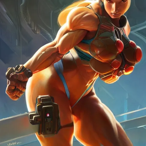 Prompt: samus aran showing her big muscular biceps, highly detailed, digital painting, artstation, concept art, matte, sharp focus, illustration, art by artgerm and greg rutkowski and alphonse mucha