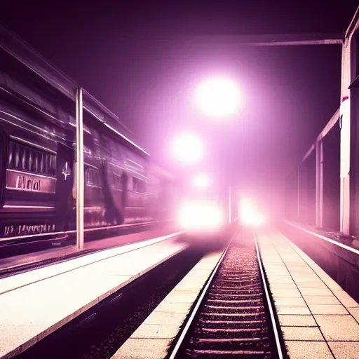 Image similar to photography of busy train station , fog, gigantic monster shape in the fog, small red lights, night, mood, atmospheric, full of colour, digital photography