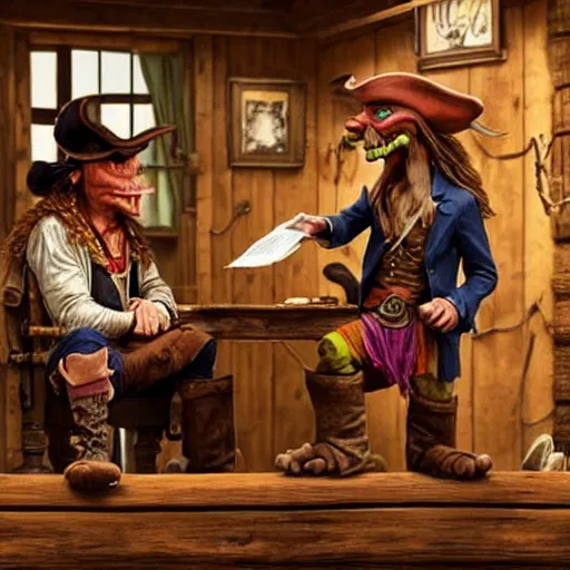 Image similar to a goblin with a large nose and a pirate with a bandana negotiating a contract with Jared Leto in a Western saloon. Realism