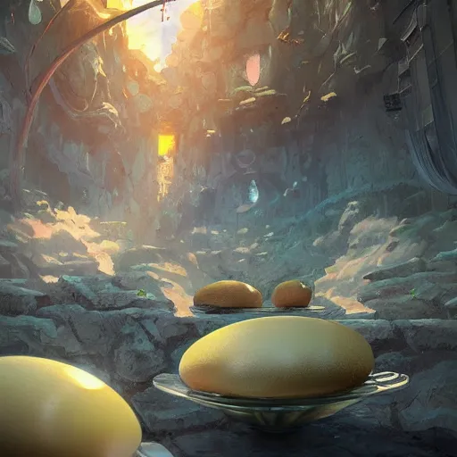 Image similar to Fried eggs made from dragon eggs, fantasy art, art by Makoto Shinkai