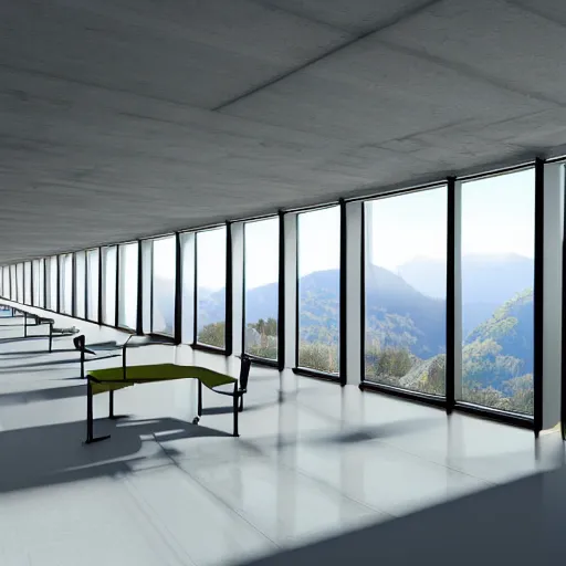 Image similar to large office on top of mountain, modern, well kept, bright, ethereal feel, volumetric lighting, godrays, warm light, high ceiling, table in the middle, office chair, couch, grand, curved windows around the wall, white concrete, plangs in wall, balcony outside, digital art, concept art, high detail,