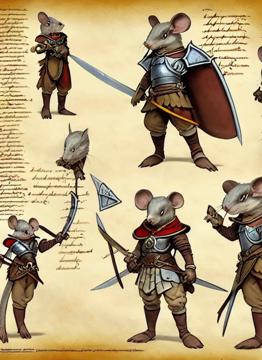 Image similar to character design sheet for a heroic mouse knight with sword and shield on a parchment background, redwall, greg rutowski and jean baptiste monge, detailed, epic fantasy concept art