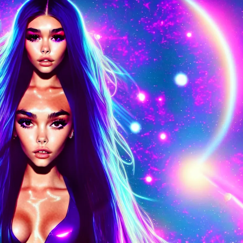 Image similar to madison beer a an intergalactic popstar dancing on a planet, render, blender render, unity render, 4 k wallpaper, art station trending, artstation 4 k coherent, coherent, 4 k, detailed, hyperdetailed, artifact - free, completely coherent, sharp, madison beer