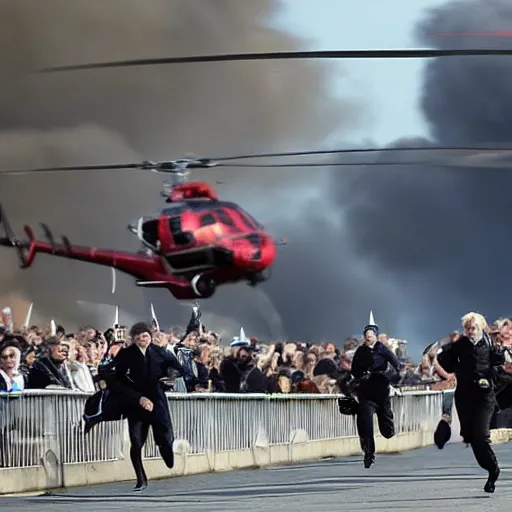 Prompt: helicopters and explosions in the background, cinematic shot of Boris Johnson running from the police