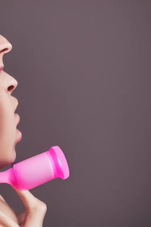 Image similar to Woman Breathing Through a Pink Vapor Inhaler, side view