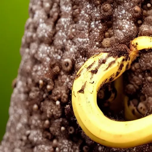 Prompt: a mutated banana with holes in it, there are spiders crawling out of the holes, close up shot.