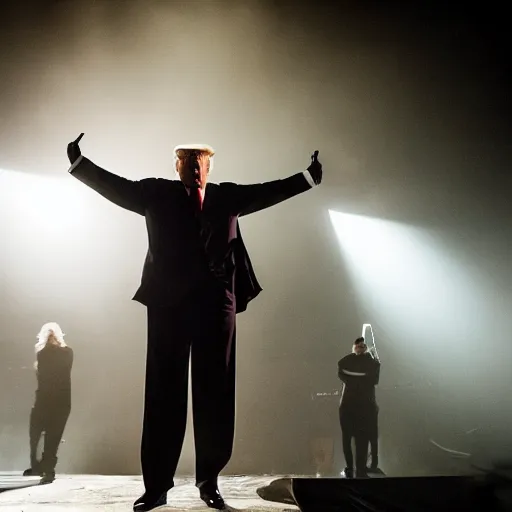 Prompt: donald trump going crazy on stage as the lead singer in a black metal band, full makeup, large crowd, 5 0 mm lens, volumetric lighting