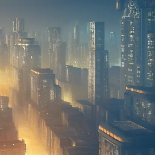 Image similar to An expansive brutalist busy city made of concrete golden hour volumetric lighting highly detailed digital art trending on Artstation, blade runner