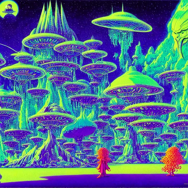 Image similar to mysterious ufo hovering over magical crystal temple, bright neon colors, highly detailed, cinematic, hiroo isono, tim white, philippe druillet, roger dean, lisa frank, aubrey beardsley