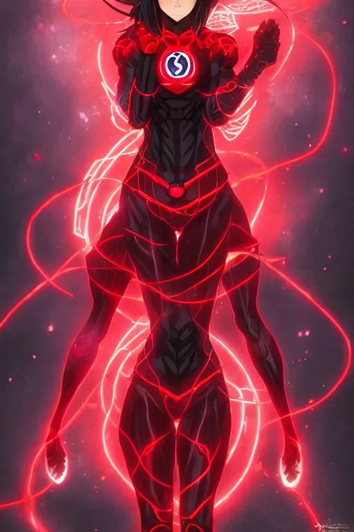 Image similar to anime key visual of a beautiful female red lantern!! intricate, red and black suit, glowing, powers, rage, anger, hate, dc comics, cinematic, stunning, highly detailed, digital painting, artstation, smooth, hard focus, illustration, art by artgerm and greg rutkowski and alphonse mucha