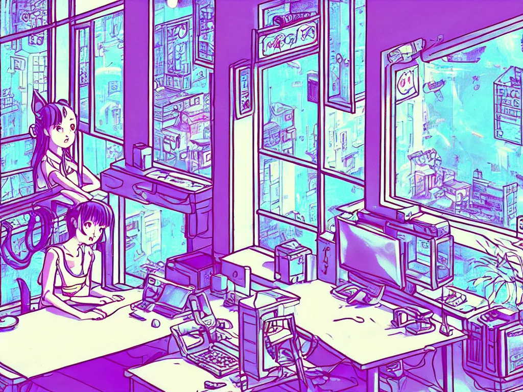 Prompt: beautiful drawing of a female in her small apartment sitting at her computer desk which is in front of a window which looks out to the neon cyber city, style vaporware cartoon japan, low - fi, pet cat, chillout scene, kawaii anime manga style, illustration, aesthetic, neon pastel, in the style of bryce kho and hayao miyazaki and ghibli