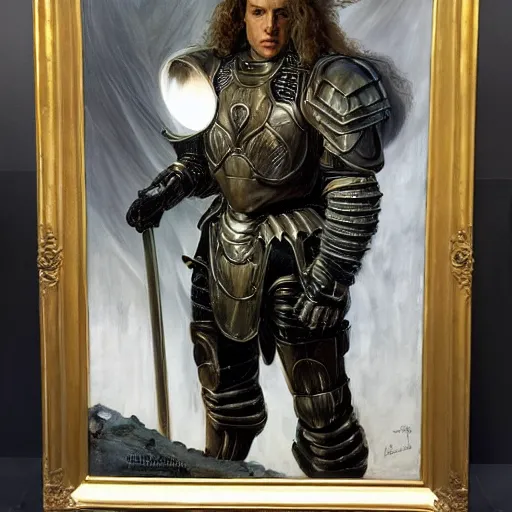 Prompt: oil painting of a pale menacing Apollo with long curly blond hair and piercing glowing eyes, powerful sci fi centurion in tall jagged black plate armor, cinematic chiaroscuro creeping darkness, by J.C leyendecker and norman rockwell