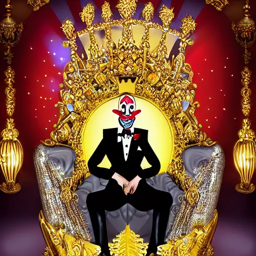 Image similar to cartoon of a shining majestic throne made of millions of diamonds, gold and zaphires with thousands of light reflections, and a clown on a tuxedo suit is sitting on the throne while handing a golden balloon, dramatic light