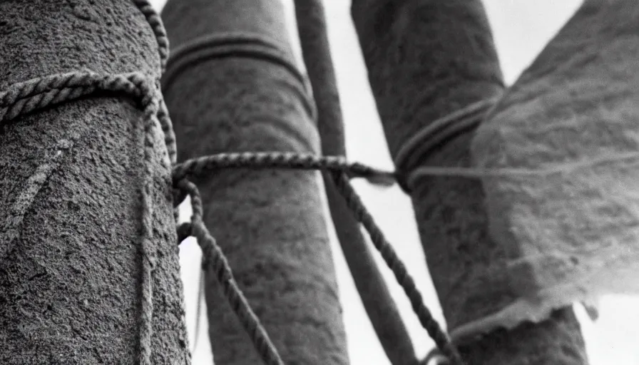 Prompt: 1 9 6 0 s movie still close - up of marcus atilius regulus tied with ropes at a pole with his wide open eyes looking at the burning sun, bleeding, cinestill 8 0 0 t 3 5 mm eastmancolor, high quality, heavy grain, high detail, texture, dramatic light, anamorphic, hyperrealistic, detailed hair