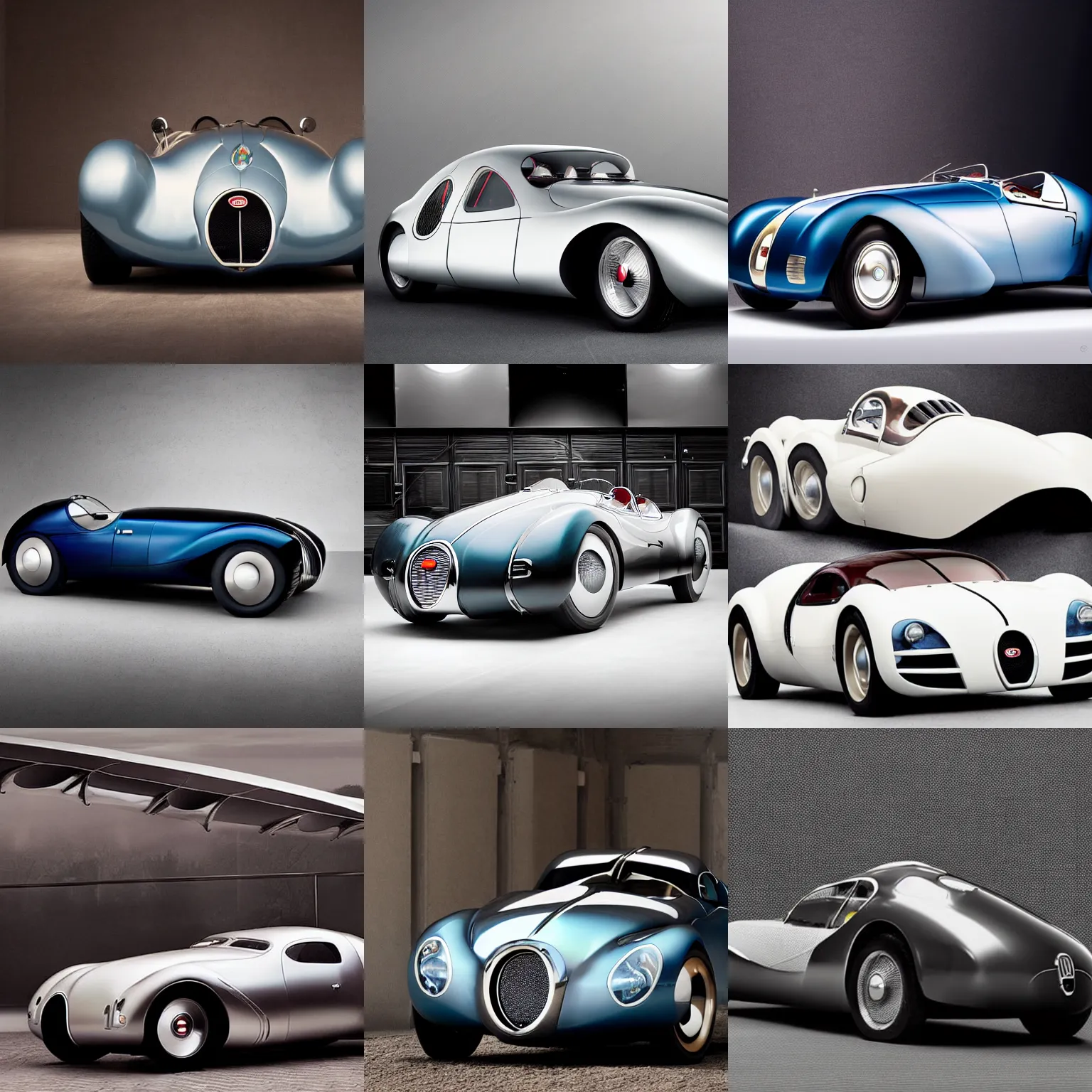 Prompt: a retro futuristic bugatti type 5 7 sc atlantic concept, studio lighting, award - winning car magazine photography