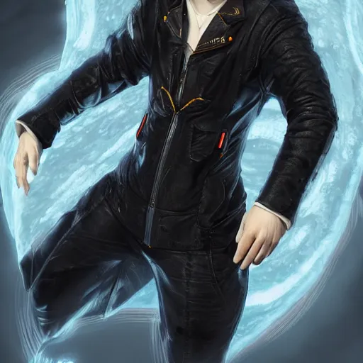 Image similar to rimuru tempest as ilya kovshinov, highly detailed, professional digital painting, concept art, extreme illustration, unreal engine 5, photorealism, hd quality, 8 k, black jacket with high collar, cinematic, art by andy warhol, artgerm, yoshitaka amano, color block