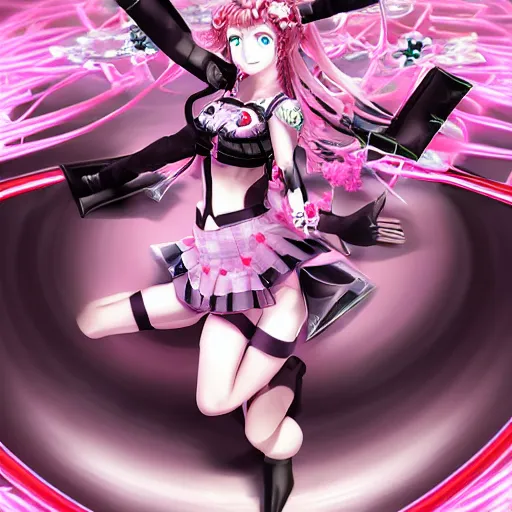 Prompt: no escape! trapped beneath stunningly absurdly beautiful omnipotent asi goddess junko enoshima with multiple twisted deceptive innocent megalomaniacal mesmerizing personalities, symmetrical perfect face, porcelain skin, pink twintail hair and cyan eyes, ultra detailed, digital art, unreal engine 5, octane render, 2 d anime, 8 k