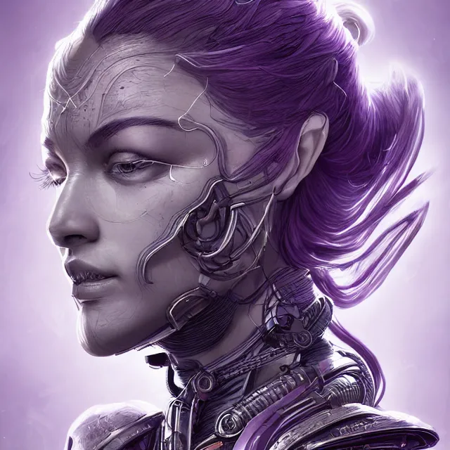 Image similar to facial portrait of a woman in powerful purple sci - fi armor with a black ponytail, elegant, stoic, intense, ultrafine hyperdetailed illustration by kim jung gi, irakli nadar, intricate linework, sharp focus, bright colors, octopath traveler, final fantasy, hearthstone, highly rendered, global illumination, radiant light, detailed, intricate environment