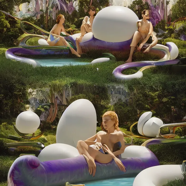 Image similar to minimal modernist jeff koons bauhaus style neverending story inflatable pool floats, ultra realistic, concept art, intricate details, serious, highly detailed, photorealistic, octane render, 8 k, unreal engine, art by todd mcfarlane and artgerm and greg rutkowski and alphonse mucha