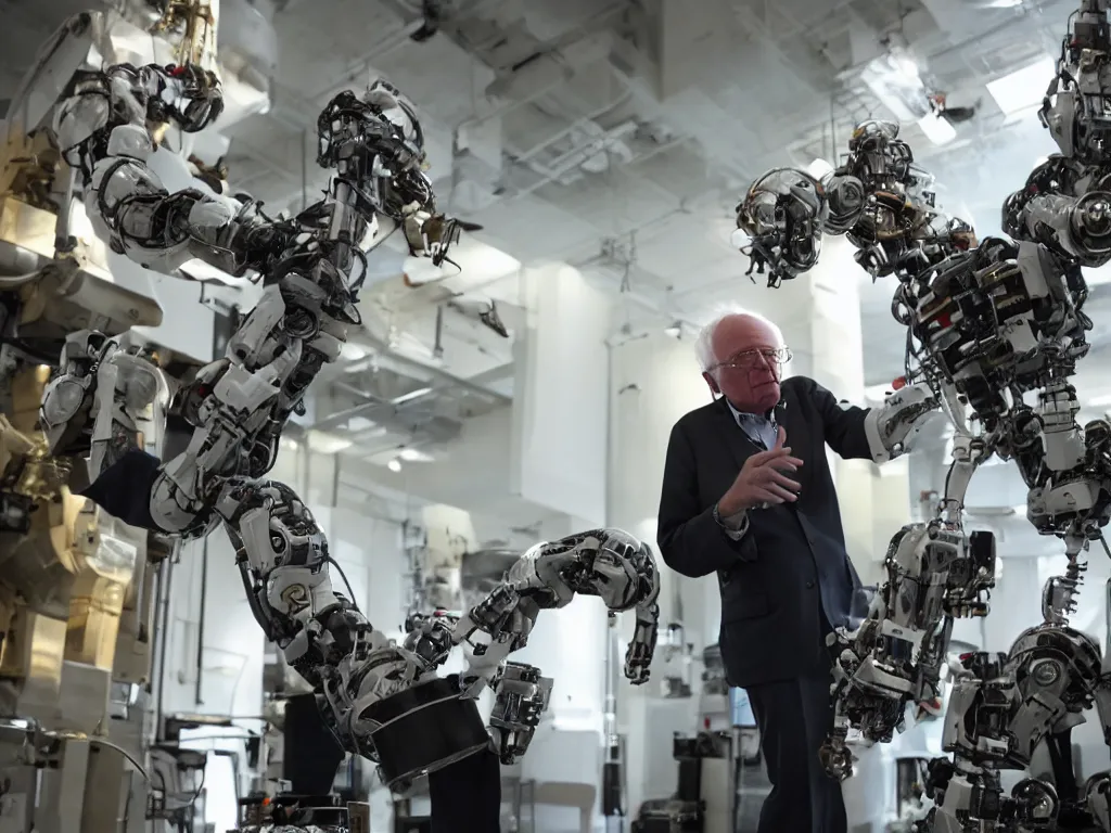 Image similar to bernie sanders putting the finishing touches on a ( ( cute ) ) clockwork doomsday robot, cinematic moody lighting, sharp focus, imax