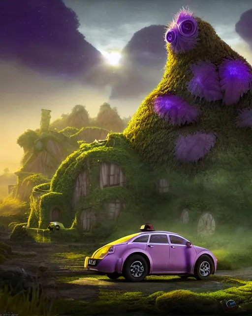 Image similar to tardigrade taxi car in a fantasy tatdigrade village, calming, uplifting mood, ultra realistic, farm, small buildings, highly detailed, atmosphere, violet planet in the sky, masterpiece, epic lighting, elves, green plants, magic, illuminated, 4 k, cinematic, morning sun, art by eddie mendoza