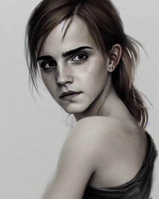 Prompt: clear portrait of emma watson, somber appearance, ripped clothing, looking her shoulder, background hyper detailed, character concept, full body, dynamic pose, intricate, elegant, highly detailed, digital painting, artstation, concept art, smooth, sharp focus, illustration, art by artgerm and greg rutkowski and alphonse mucha
