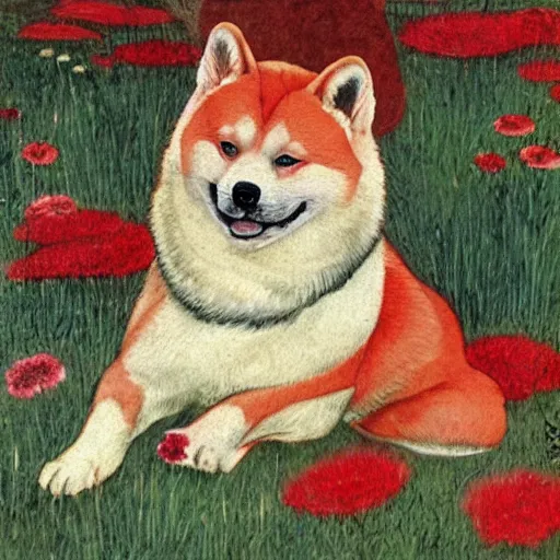 Prompt: a red akita inu wearing a kimono, in a field of flowers, painting in the style of warwick goble, highly detailed