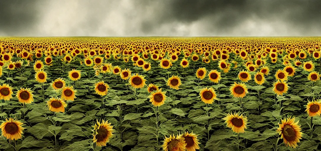 Image similar to the battle of the Somme with one single sunflower, cinematic shot, hyper realistic, hyper detailed