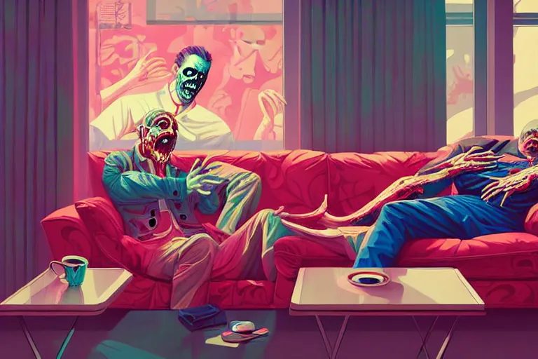 Image similar to a zombie dad sitting on the couch and watching tv, tristan eaton, victo ngai, artgerm, rhads, ross draws