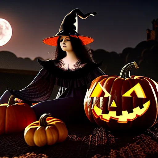 Image similar to beautiful witch woman, black cat, pumpkins, spooky halloween night, wallpaper aesthetic, beautiful, cinematic, dramatic, super detailed and intricate, 4 k render, by kentaro miura