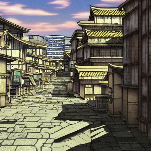 Image similar to japanese fishing town, japanese city, underground city, modern city, tokyo - esque town, 2 0 0 1 anime, cel - shading, compact buildings, sepia sunshine