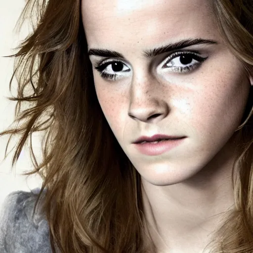 Image similar to photo of emma watson looking disgusted, disappointed, disproving, detailed face, staring in the camera, hd