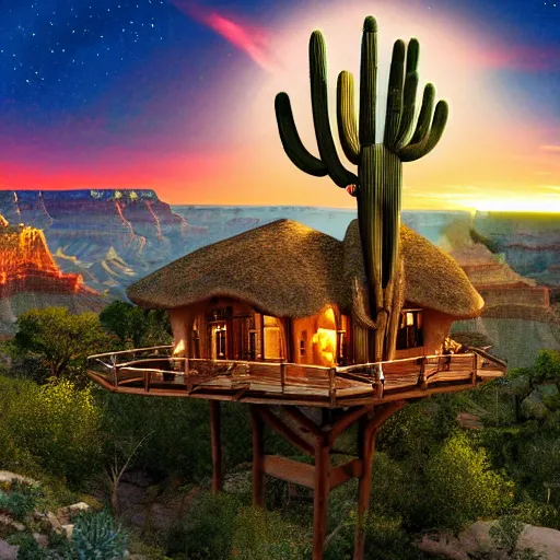 Prompt: fancy treehouse mansion built in a giant cactus on top of plateau with amazing view of sunset over the grand canyon detailed luminescent magical realism painting 4 k