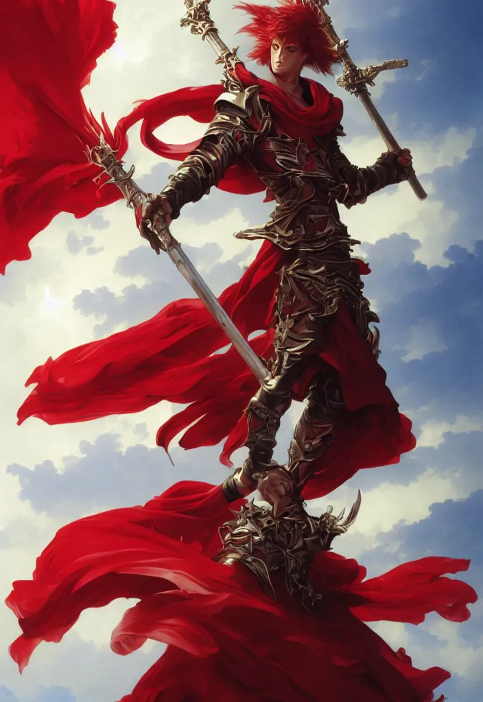 Prompt: A boisterous Red Mage wearing striped shining armor holding a staff of power surrounded by an epic cloudscape. The Magus Omega . Red Wizard. Morpheus. masterpiece. 4k digital illustration. by Ruan Jia and Artgerm and Andreas Rocha and William-Adolphe Bouguereau and Jean-Baptiste de Champaigne. award winning, Artstation, intricate details, realistic, Hyperdetailed, 8k resolution. Concept Painting. Key Art