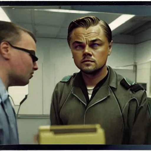 Prompt: sad Leonardo DiCaprio dressed in hev suit from half-life 2 in laboratory background, polaroid photo, very detailed