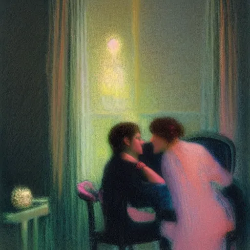 Prompt: two people talking :: by Delphin Enjolras :: pastel on paper