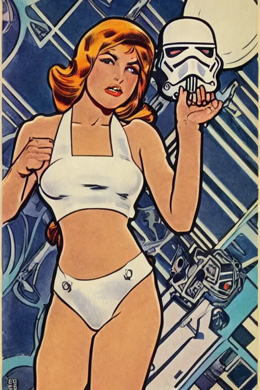 Prompt: female in white bikini with tattoos and stormtrooper helmet, well composed, clean elegant painting, beautiful detailed face. 6 0 s style advertising, comic book art by steve ditko and jack kirby and ( alphonse mucha )