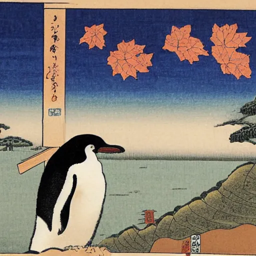 a penguin staring pensively into the autumn landscape, | Stable ...