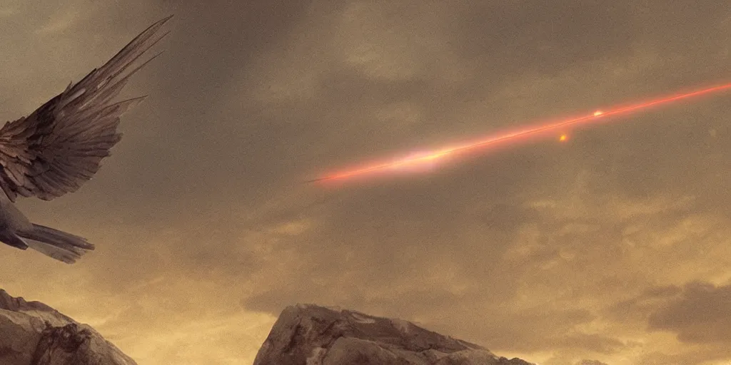 Prompt: a bird shooting lasers from its eyes, matte painting