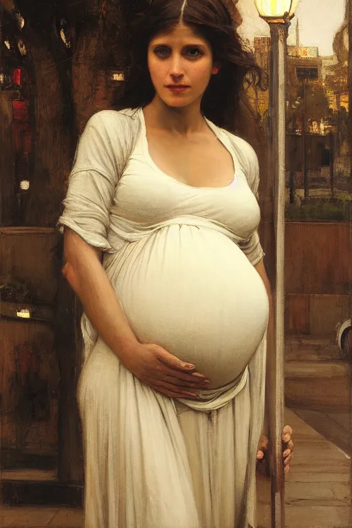 Prompt: pregnant woman under street light by john william waterhouse and Edwin Longsden Long and Theodore Ralli and Nasreddine Dinet, oil on canvas. Cinematic, hyper realism, dramatic lighting, high detail 4k