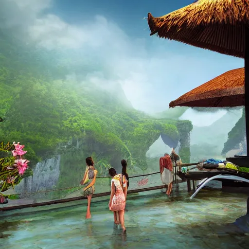 Image similar to A beautiful, perfect, impressive, amazing concept art digital CG painting of a place in Bali with people, trending on ArtStation, Unreal Engine