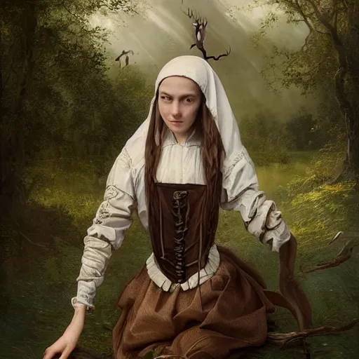 Image similar to A masterpiece portrait of a Incredibly beautiful queer maid barique renaissance swamp nun girl hunting on deer with russian greyhound medium shot, intricate, elegant, highly detailed. trending on artstation, digital art, by Stanley Artgerm Lau, WLOP, Rossdraws, James Jean, Andrei Riabovitchev, Marc Simonetti, Yoshitaka Amano. background by James Jean and Gustav Klimt, light by Julie Bell, 4k, porcelain skin. Studio Ghibli