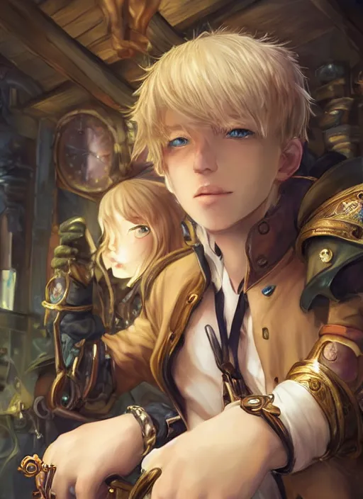 Prompt: young blonde boy fantasy thief with steampunk wristband inside a fantasy tavern, finely detailed, made by wlop, artgerm, ross tran, full body portrait, illustration, grass, sunny, sky, anime, side view, perfect anime face, detailed face, zoomed out, smooth,