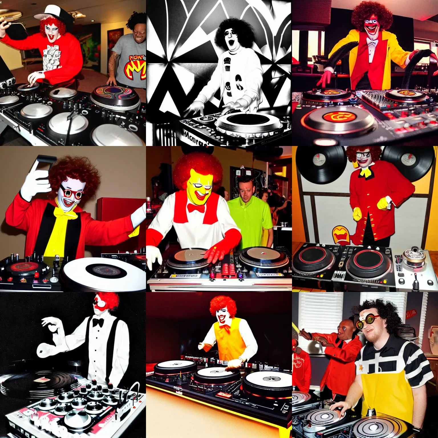 Prompt: Ronald McDonald's DJing with DJ turntables