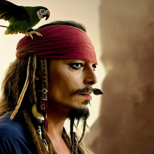 Prompt: margot robbie as jack sparrow with a parrot on the shoulder, realistic portrait, 8k resolution, hyper detailed, studio lighting, cinematic