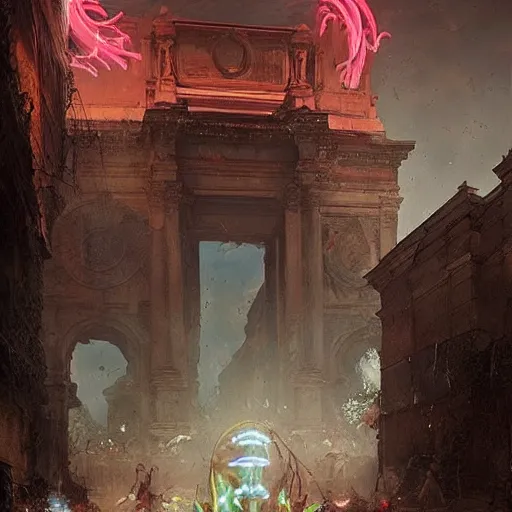 Image similar to neon demons overun ancient rome geog darrow greg rutkowski