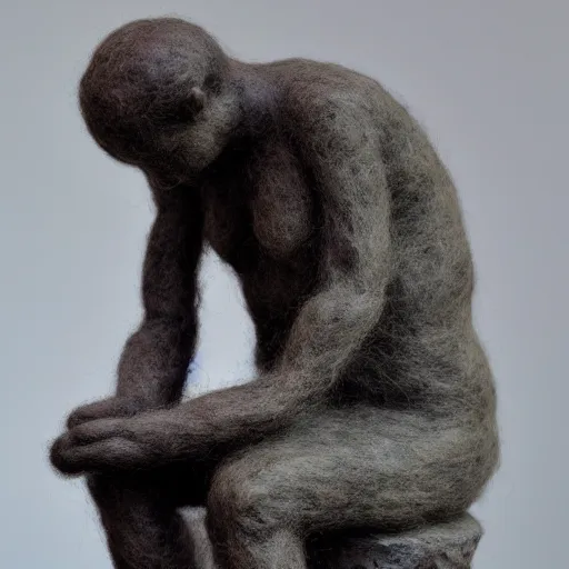 Prompt: needle felted sculpture of the thinker by rodin