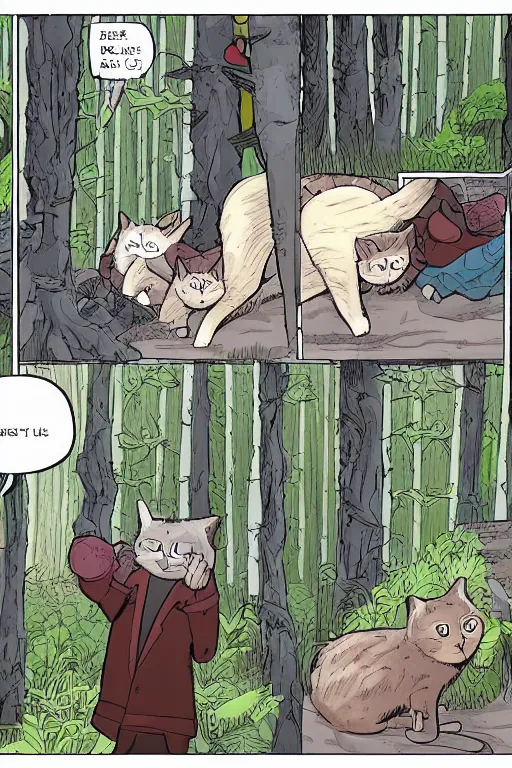 Image similar to a graphic novel comic about cats in the forest, by mike holmes, manga, webcomic