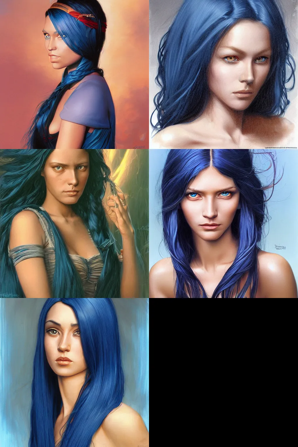 Prompt: portrait of a woman with darker skin with long blue hair and blue eyes extremely detailed artgerm greg rutkowski greg hildebrandt tim hildebrandt